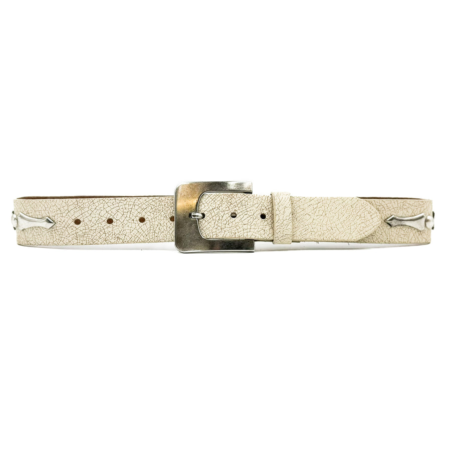 Skyler Belt - White Crackle Italian Leather Vintage Silver Buckle Belt - Streets Ahead