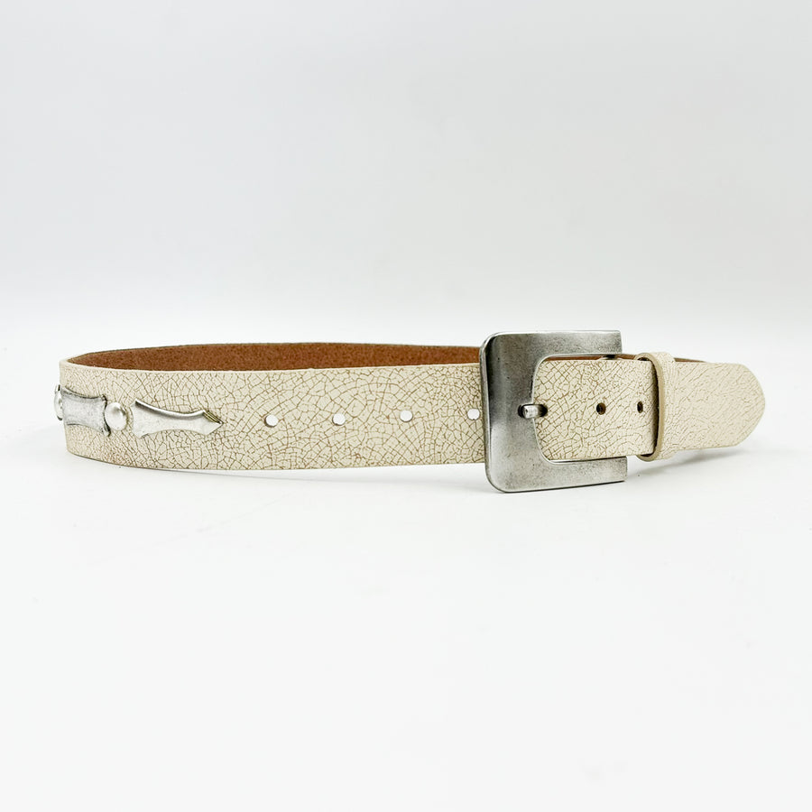 Skyler Belt - White Crackle Italian Leather Vintage Silver Buckle Belt - Streets Ahead