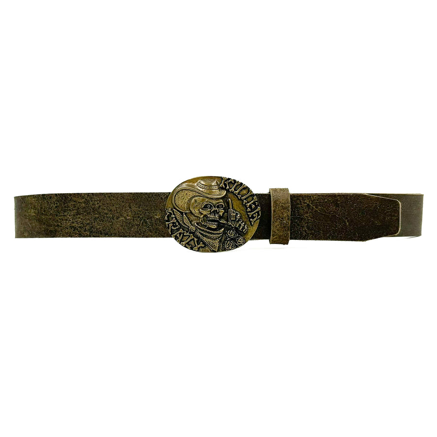 Devon Belt - Distressed Olive Skull Buckle Leather Belt - Streets Ahead