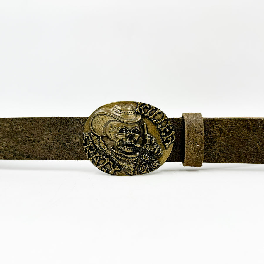 Devon Belt - Distressed Olive Skull Buckle Leather Belt - Streets Ahead