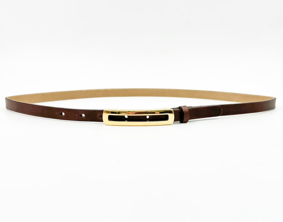 Bella Belt - Narrow Brown Leather Belt Gold Buckle - Streets Ahead