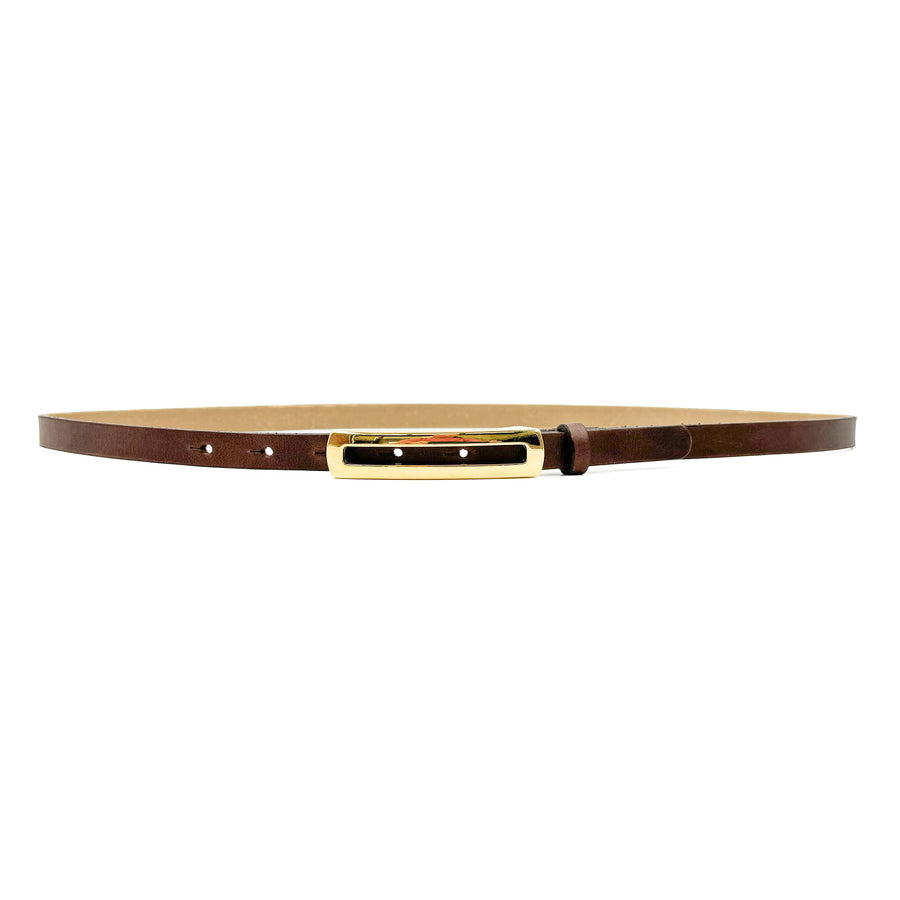 Bella Belt - Narrow Brown Leather Belt Gold Buckle - Streets Ahead