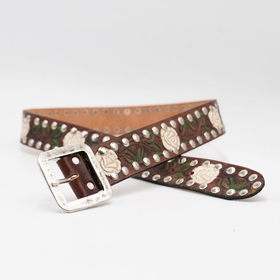 Rosalie Belt - Boho Jean Leather Belt Studded Trim White Flower Detail - Streets Ahead