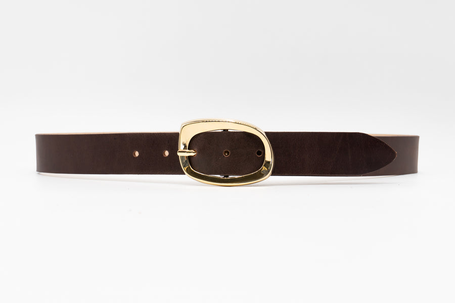 Isabella Belt - Elegant Gold Oval Buckle On Smooth Brown Italian Leather - Streets Ahead