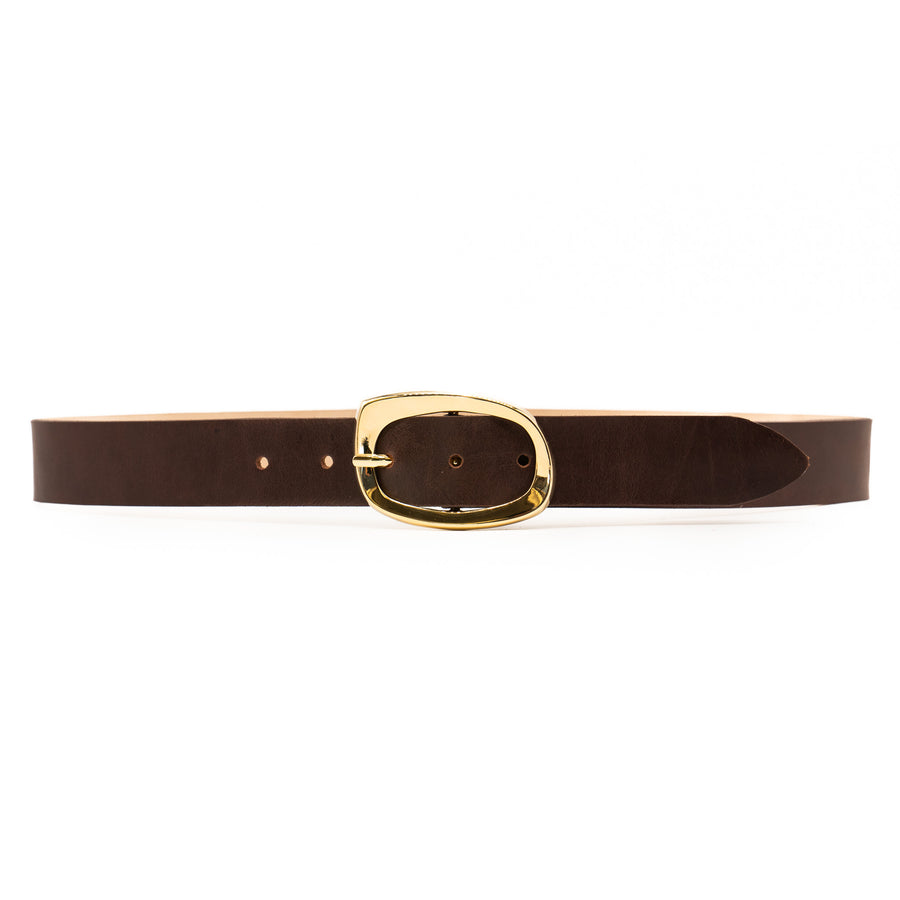 Isabella Belt - Elegant Gold Oval Buckle On Smooth Brown Italian Leather - Streets Ahead