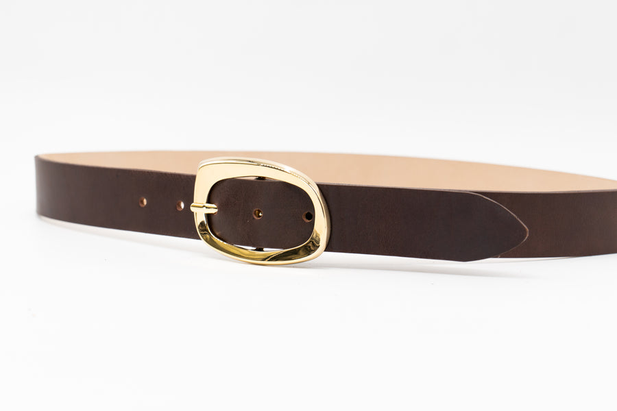 Isabella Belt - Elegant Gold Oval Buckle On Smooth Brown Italian Leather - Streets Ahead