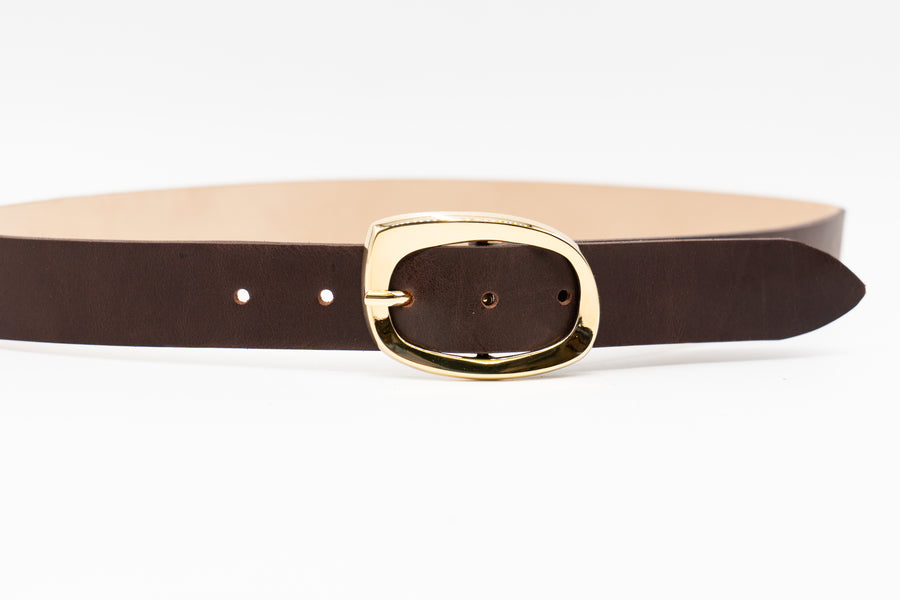 Isabella Belt - Elegant Gold Oval Buckle On Smooth Brown Italian Leather - Streets Ahead