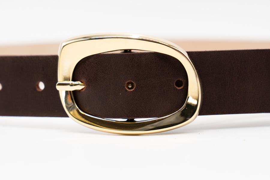 Isabella Belt - Elegant Gold Oval Buckle On Smooth Brown Italian Leather - Streets Ahead