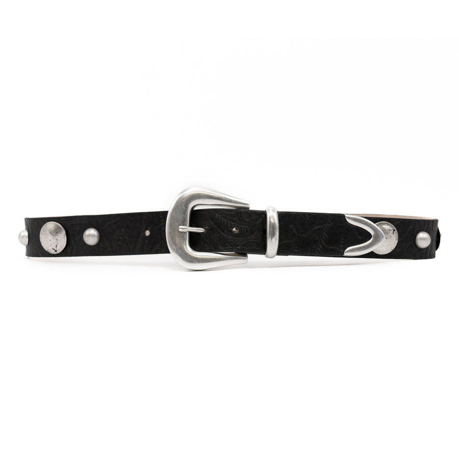 Rori Belt - Western Inspired Black Tooled Italian Leather Silver Buckle Set - Streets Ahead