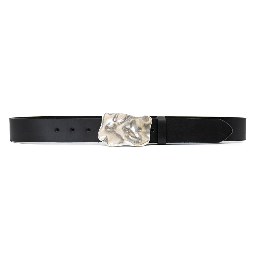 Caspian Belt - Organic Shape Silver Plaque Buckle Smooth Black Italian Leather - Streets Ahead