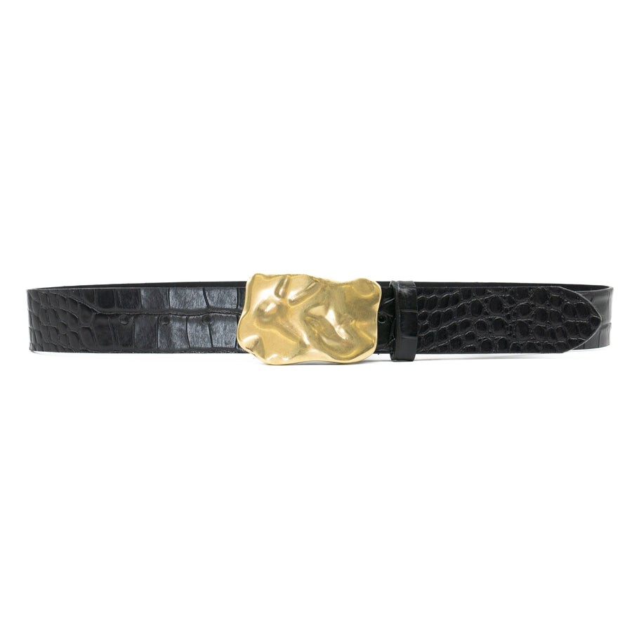 Caspian Belt - Organic Shape Brass Plaque Buckle Croc-Embossed Italian Leather - Streets Ahead