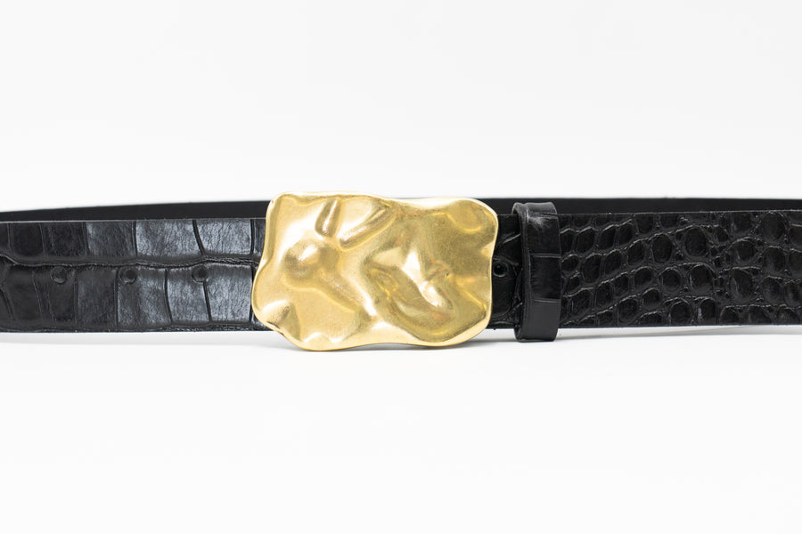 Caspian Belt - Organic Shape Brass Plaque Buckle Croc-Embossed Italian Leather - Streets Ahead