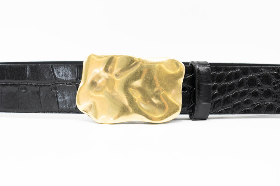 Caspian Belt - Organic Shape Brass Plaque Buckle Croc-Embossed Italian Leather - Streets Ahead