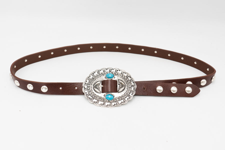 Saddleback Belt - Brown Italian Leather Detailed with Silver Rivets and Western-Style Buckle - Streets Ahead