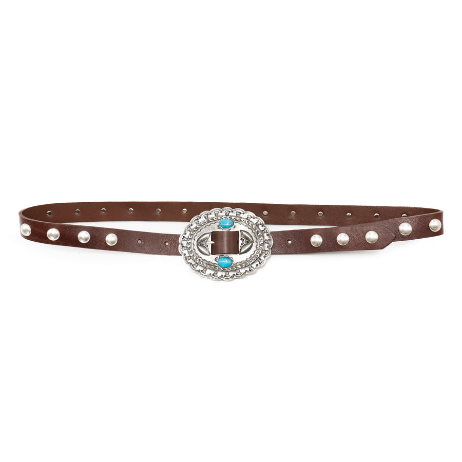 Saddleback Belt - Brown Italian Leather Detailed with Silver Rivets and Western-Style Buckle - Streets Ahead