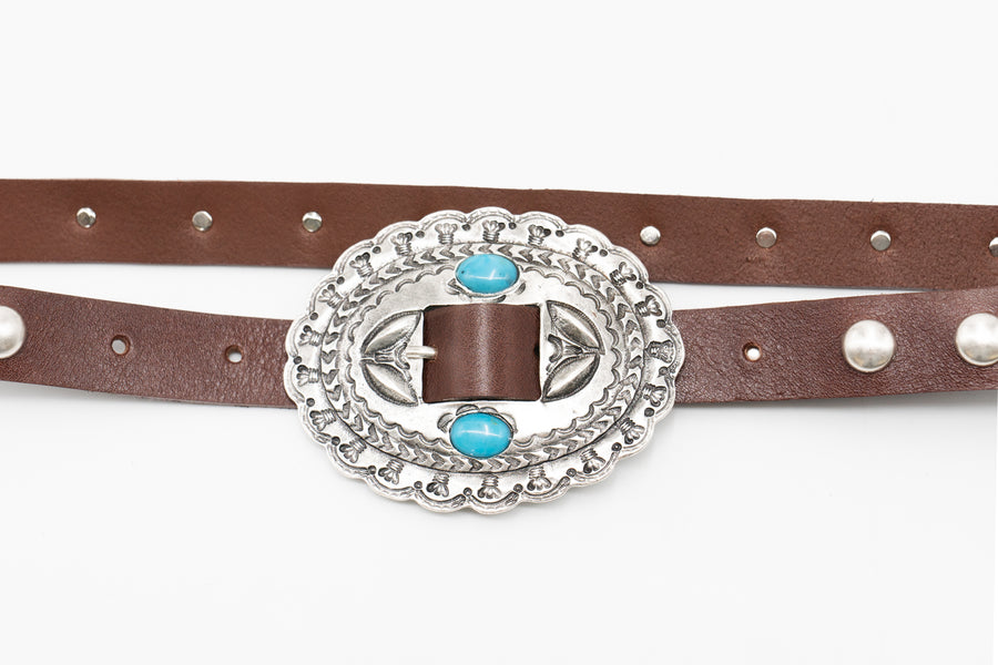 Saddleback Belt - Brown Italian Leather Detailed with Silver Rivets and Western-Style Buckle - Streets Ahead