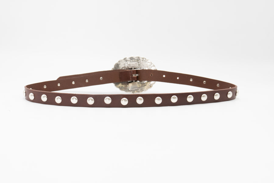 Saddleback Belt - Brown Italian Leather Detailed with Silver Rivets and Western-Style Buckle - Streets Ahead