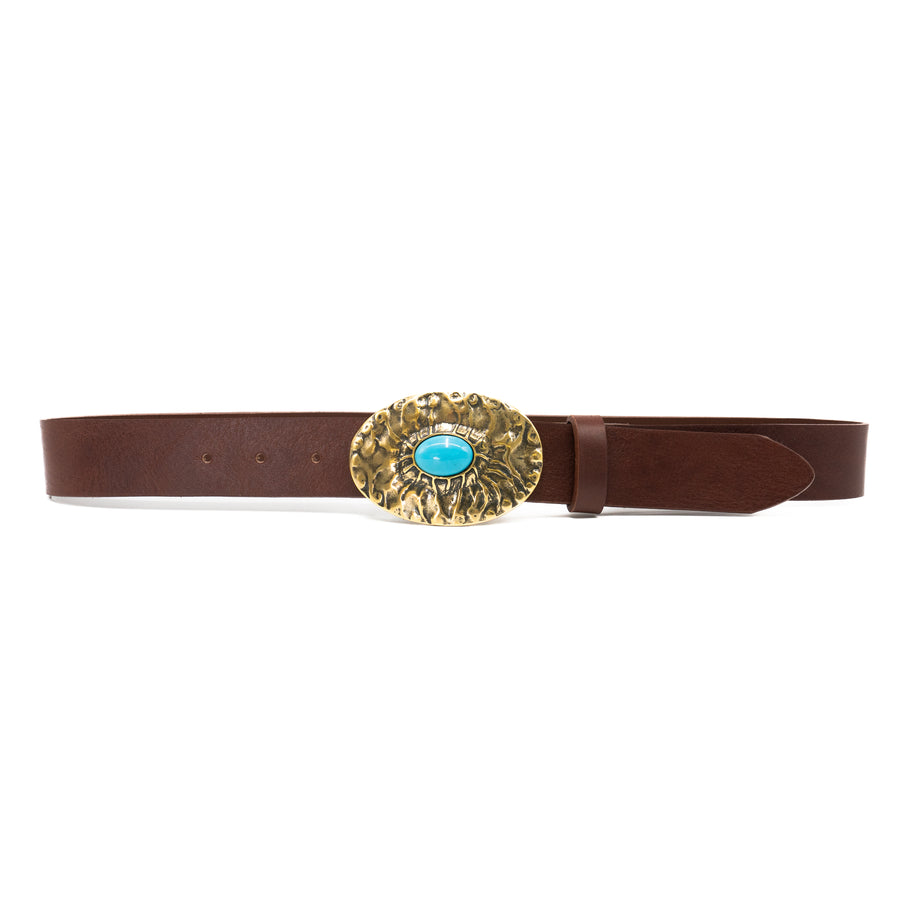 Radiant Commit Belt - Texted Brass and Turquoise Buckle on Chocolate Brown Italian Leather - Streets Ahead