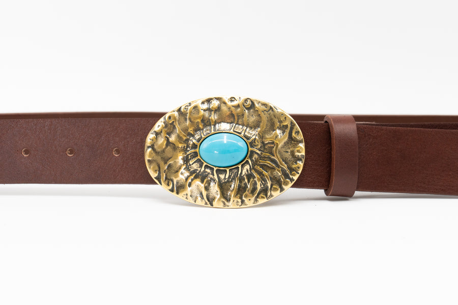 Radiant Commit Belt - Texted Brass and Turquoise Buckle on Chocolate Brown Italian Leather - Streets Ahead