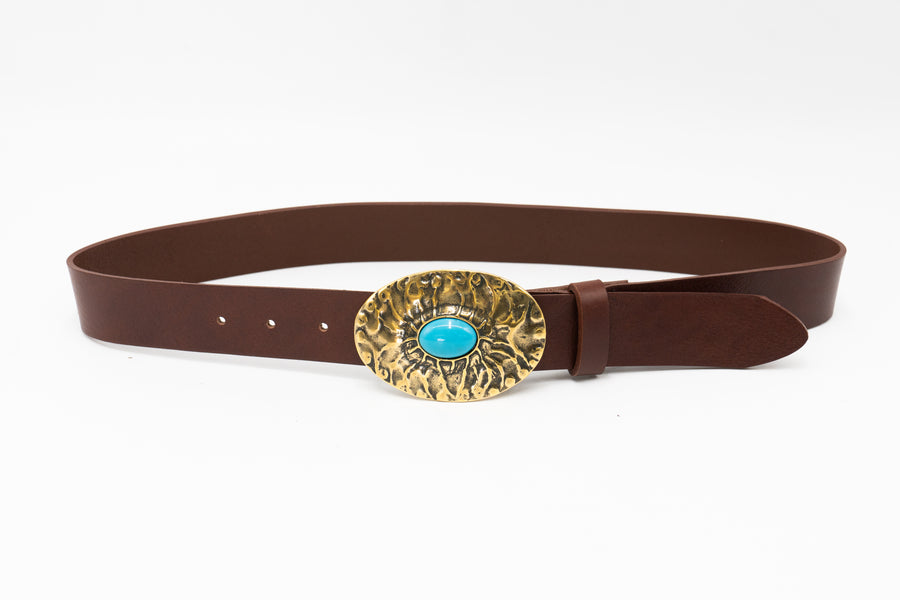 Radiant Commit Belt - Texted Brass and Turquoise Buckle on Chocolate Brown Italian Leather - Streets Ahead