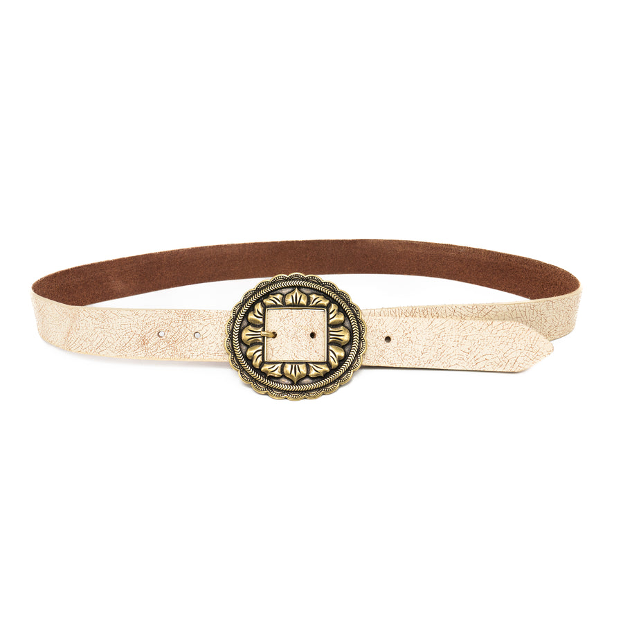 Sunbeam Belt - White Crackle Italian Leather With Detailed Western Buckle - Streets Ahead