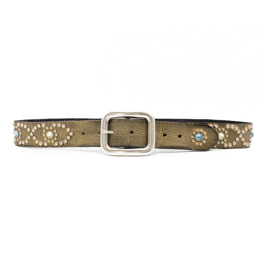 Salomé Belt - Retro Studded Pewter Italian Leather Strap Large Silver Buckle Belt - Streets Ahead