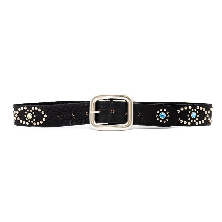 Salomé Belt - Retro Studded Black Italian Leather Strap Large Silver Buckle Belt - Streets Ahead