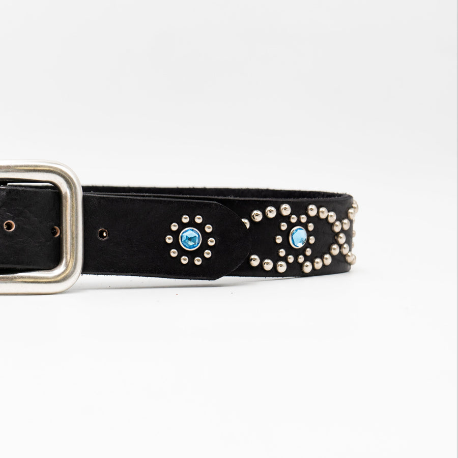 Salomé Belt - Retro Studded Black Italian Leather Strap Large Silver Buckle Belt - Streets Ahead