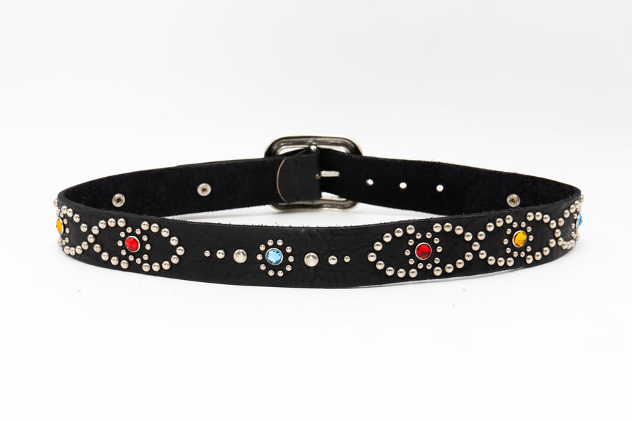 Salomé Belt - Retro Studded Black Italian Leather Strap Large Silver Buckle Belt - Streets Ahead