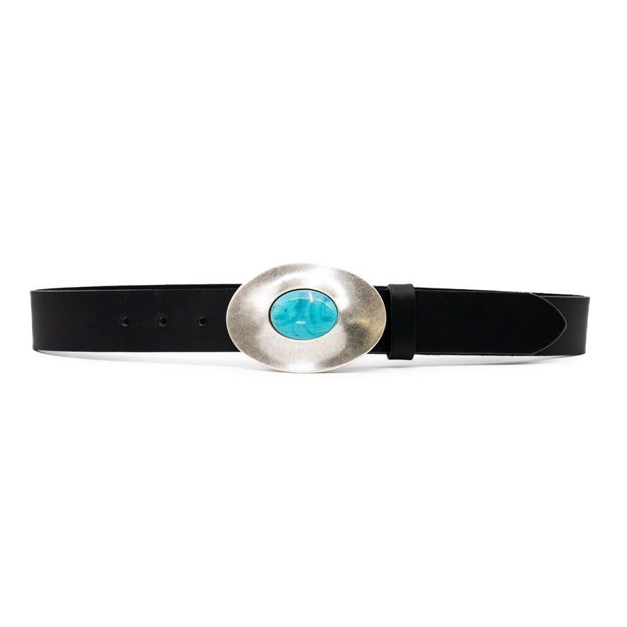 Oceana Belt - Smooth Black Italian Leather Belt Silver Oval and Turquoise Buckle - Streets Ahead