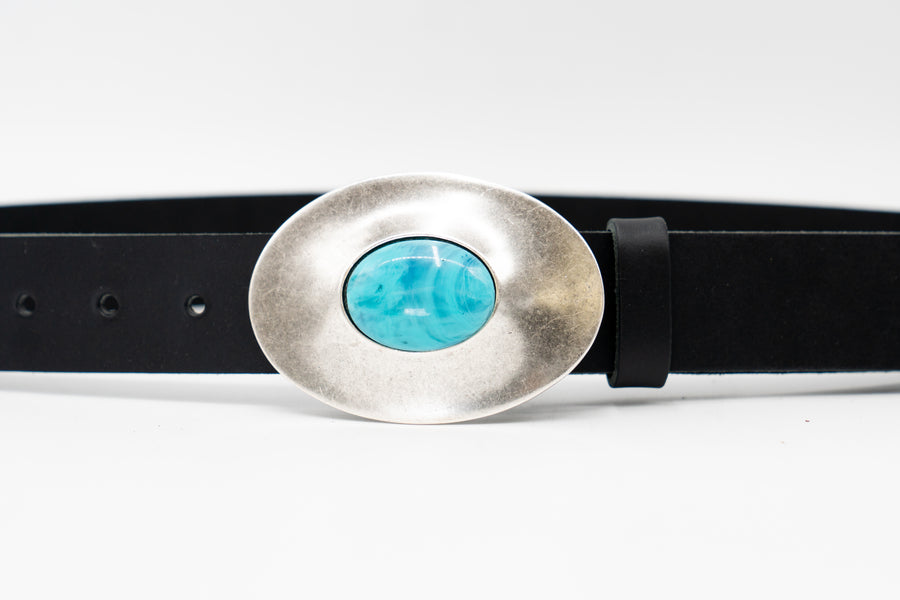 Oceana Belt - Smooth Black Italian Leather Belt Silver Oval and Turquoise Buckle - Streets Ahead