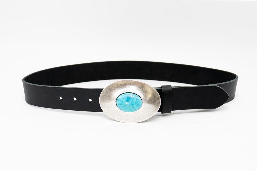 Oceana Belt - Smooth Black Italian Leather Belt Silver Oval and Turquoise Buckle - Streets Ahead