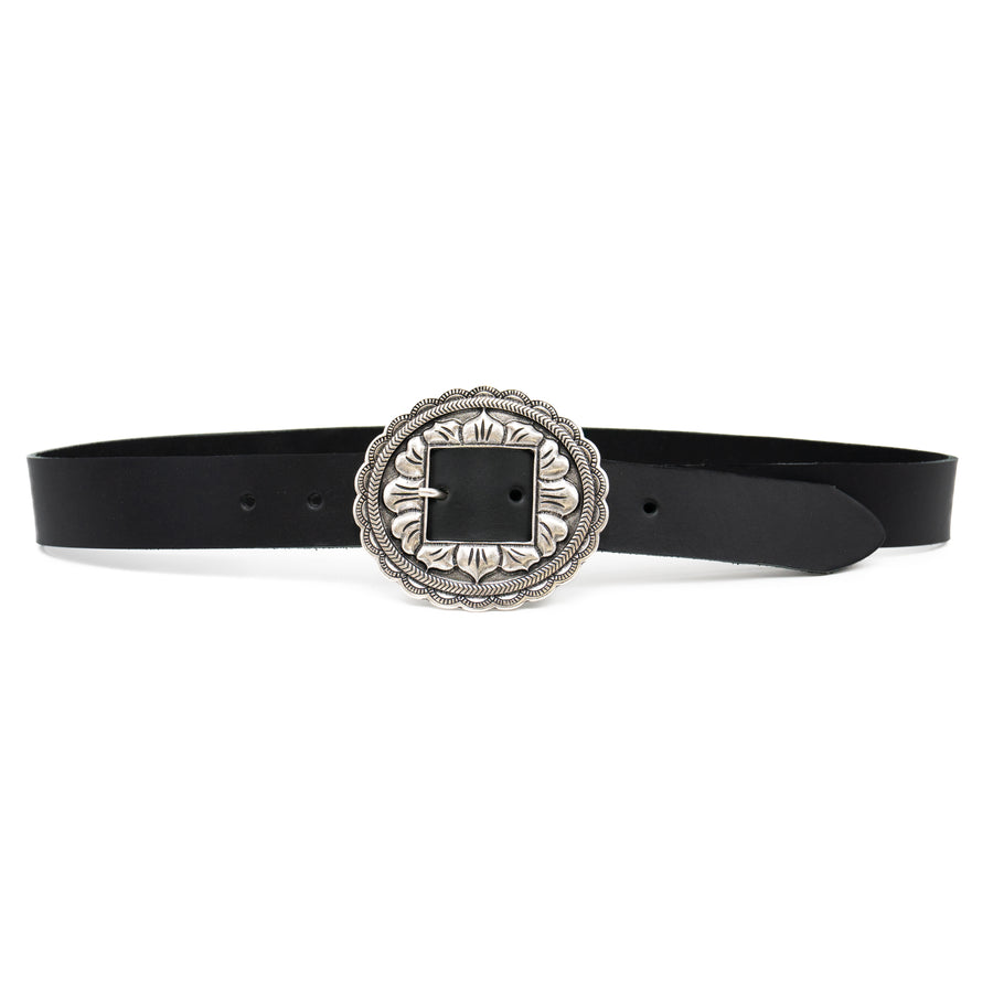 Sunbeam Belt - Black Italian Leather Belt Western Silver Floral Buckle - Streets Ahead