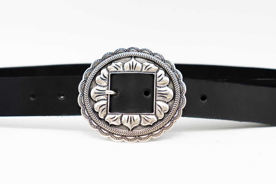 Sunbeam Belt - Black Italian Leather Belt Western Silver Floral Buckle - Streets Ahead