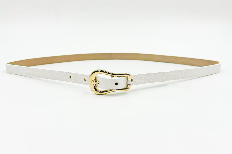 Janae Belt - Narrow White Croc-Embossed Leather Belt Gold Buckle - Streets Ahead