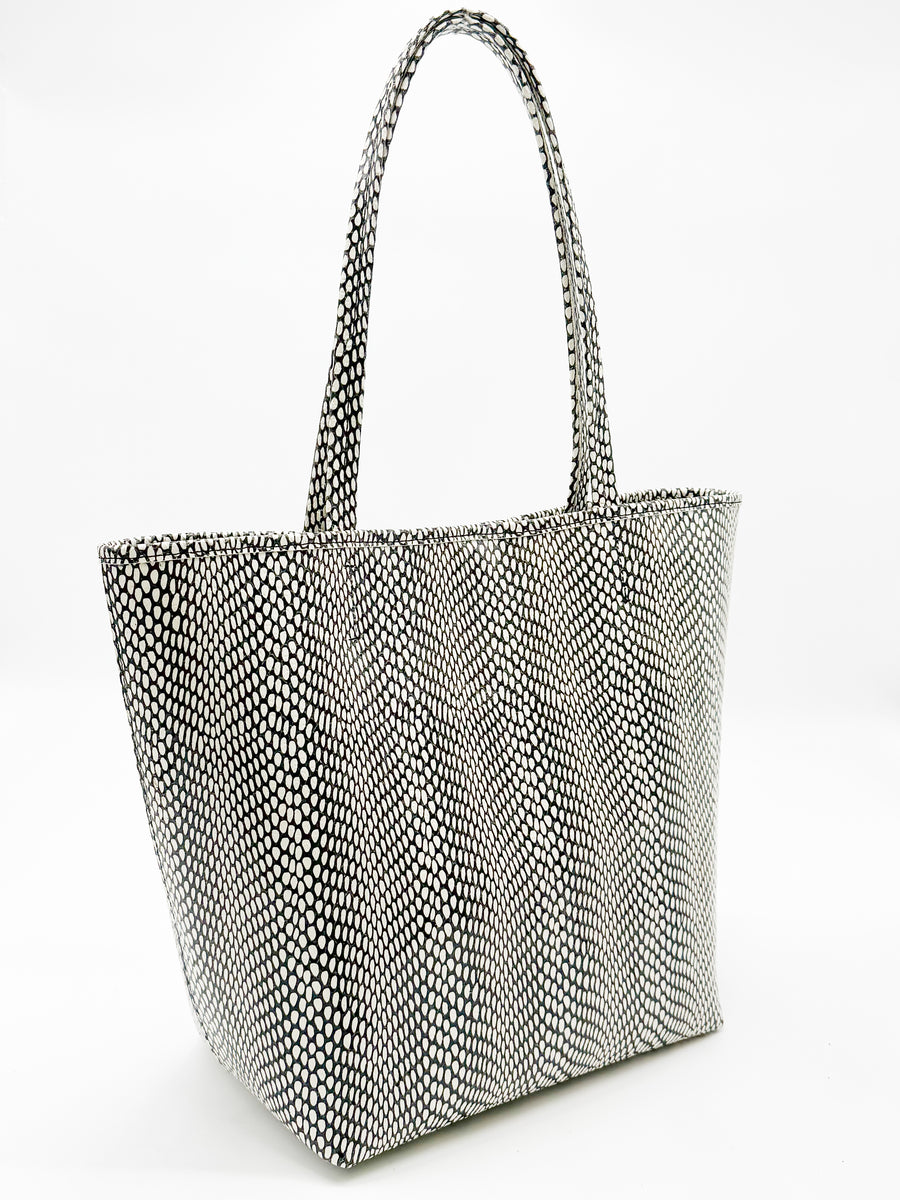 Zahara Tote - Black White Snake Print Italian Leather Handbag - Streets Ahead