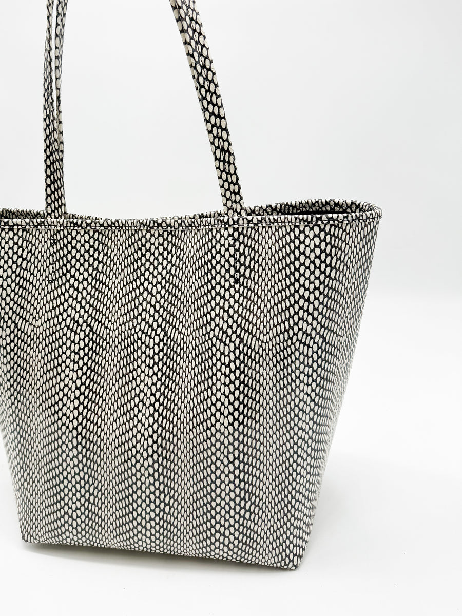 Zahara Tote - Black White Snake Print Italian Leather Handbag - Streets Ahead