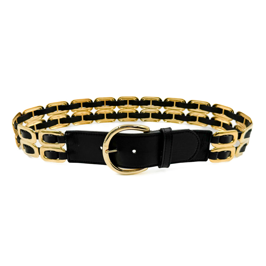 Ophelia - Gold Hardware Woven Black Leather Belt - Streets Ahead