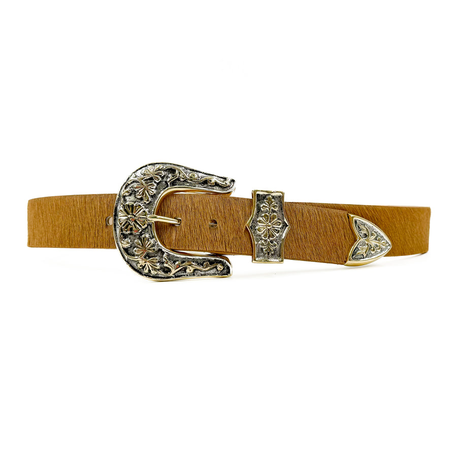 Emery Belt - Western Style Tan Calf Hair Italian Leather Belt - Streets Ahead