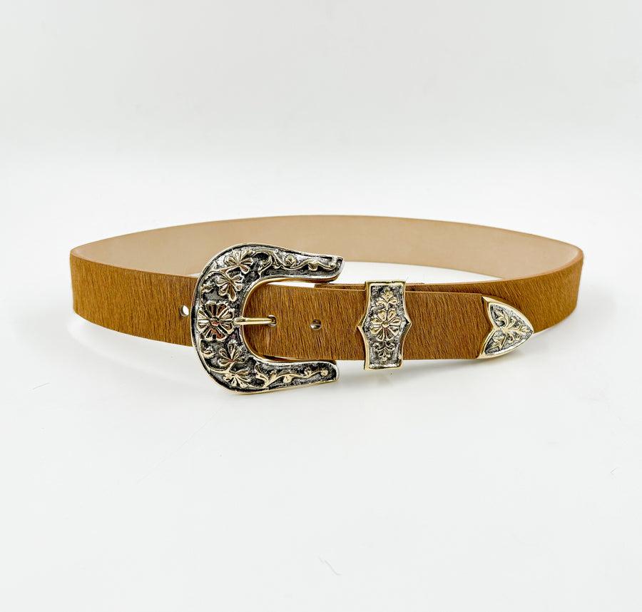 Emery Belt - Western Style Tan Calf Hair Italian Leather Belt - Streets Ahead