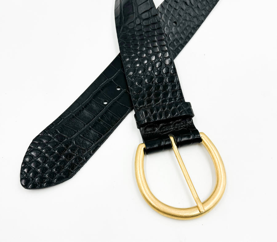 Cil Belt - Black Croc Embossed Wide Waist Italian Leather Belt Gold Buckle - Streets Ahead