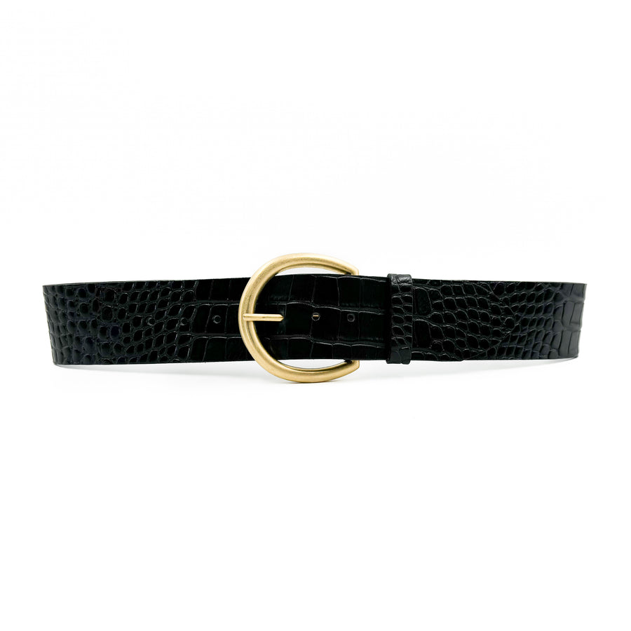 Cil Belt - Black Croc Embossed Wide Waist Italian Leather Belt Gold Buckle - Streets Ahead