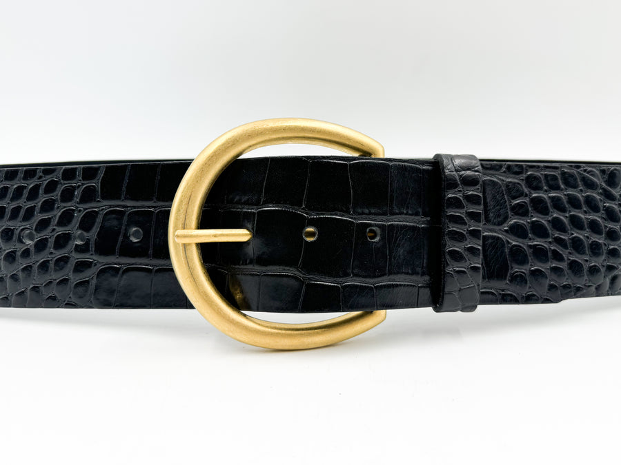 Cil Belt - Black Croc Embossed Wide Waist Italian Leather Belt Gold Buckle - Streets Ahead