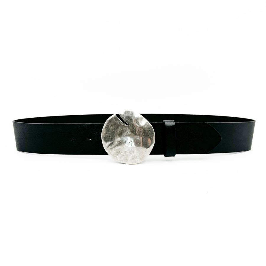 Ryan Belt - Chic Black Leather Belt Round Hammered Silver Prong Buckle - Streets Ahead