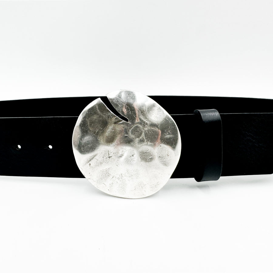 Ryan Belt - Chic Black Leather Belt Round Hammered Silver Prong Buckle - Streets Ahead