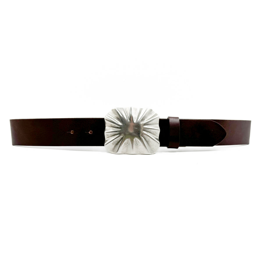 Casey - Brown Italian Leather Belt Unique Silver Buckle - Streets Ahead