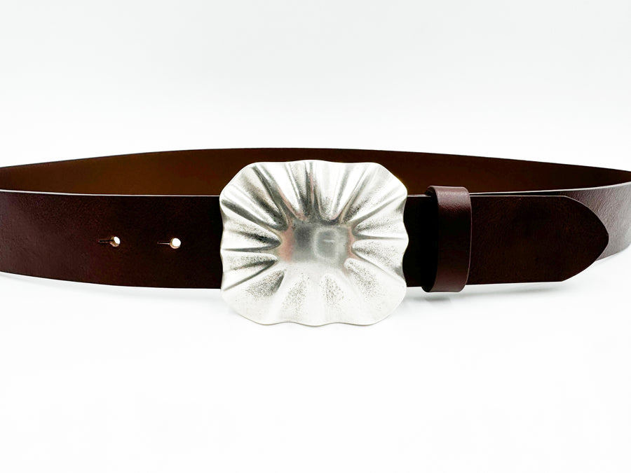 Casey - Brown Italian Leather Belt Unique Silver Buckle - Streets Ahead