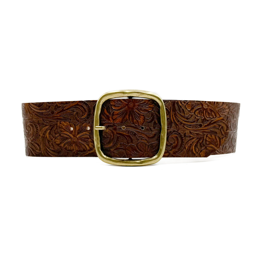 Marley Belt - Wide Waist Western Style Cognac Tooled Italian Leather Belt - Streets Ahead