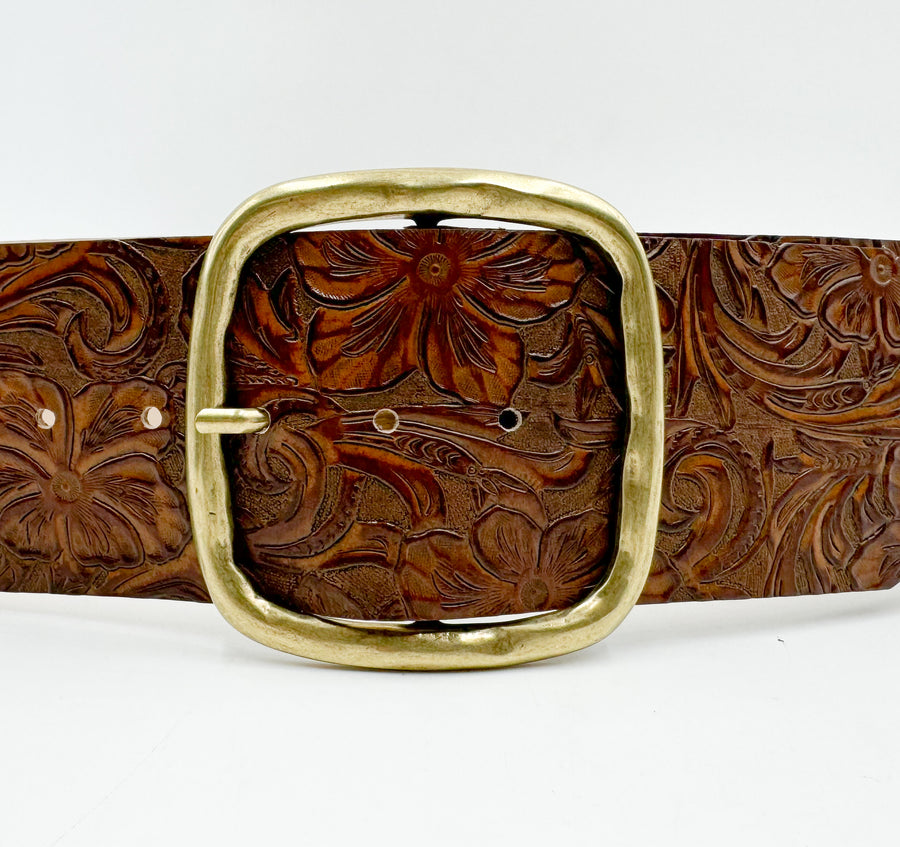 Marley Belt - Wide Waist Western Style Cognac Tooled Italian Leather Belt - Streets Ahead