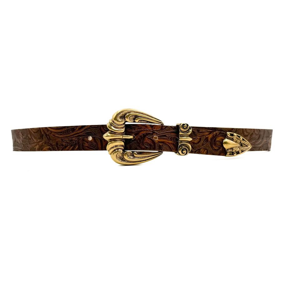 Cameron Belt - Western Style Cognac Tooled Italian Leather Belt - Streets Ahead